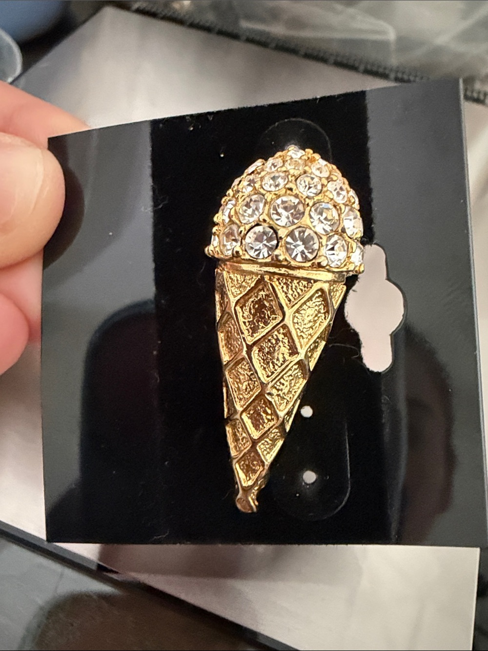 Gold Ice Cream Cone Brooch with Clear Crystals